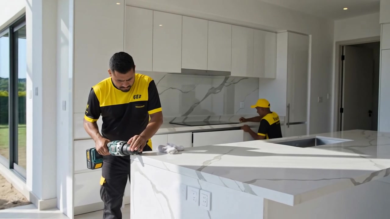 Kitchen fitters installing a white handleless kitchen with a marble-look stone island and splashback